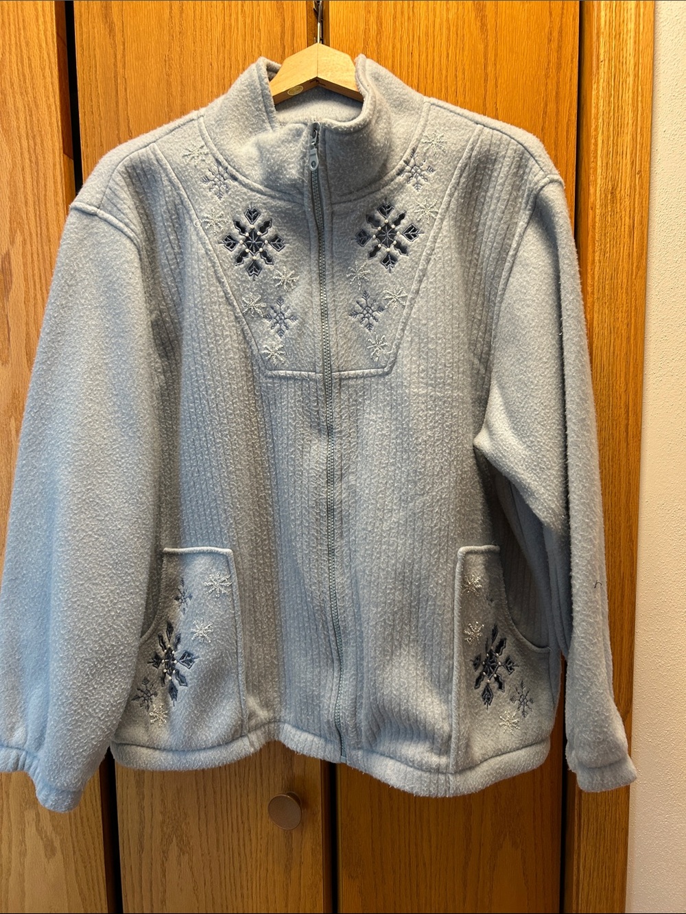 Alfred Dunner Light Blue Embroidered Fleece Zip Jacket
